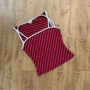Unique Striped Red Spaghetti-Strap Tank Top with White Trim